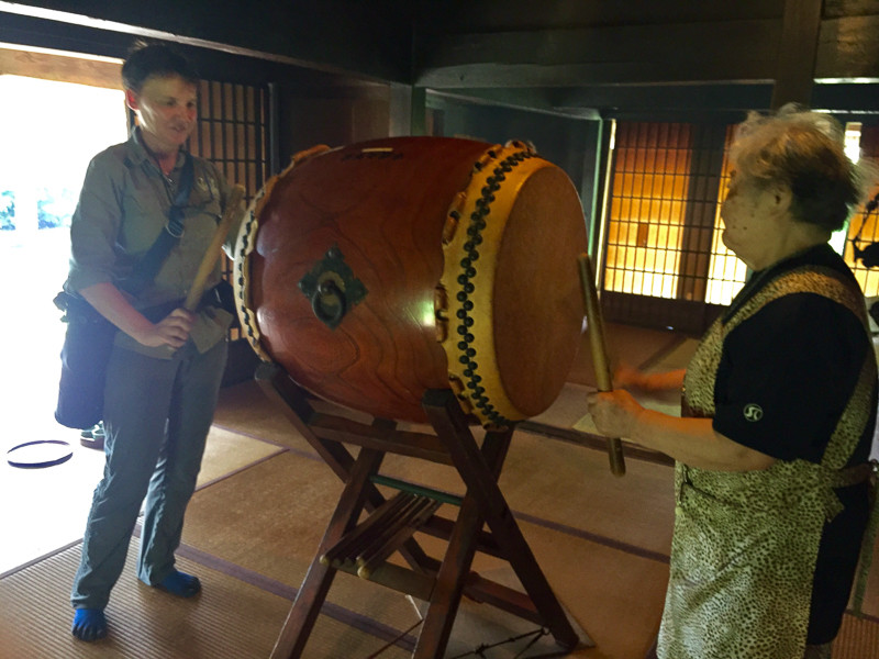 And last but certainly not least, the people we meet along the way! 
Here Susan gets a lesson in the traditional taiko drums (she’s not very good!)